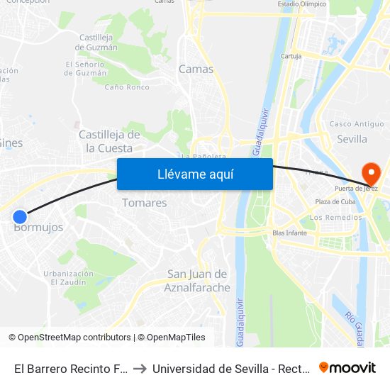 El Barrero Recinto Ferial to Universidad de Sevilla - Rectorado map