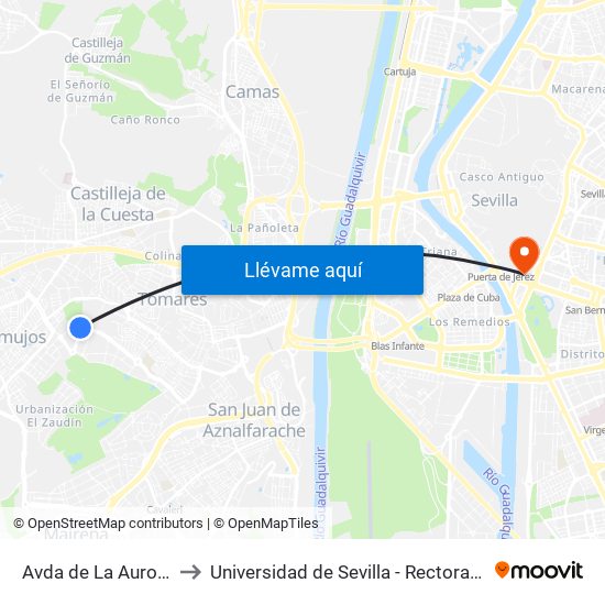 Avda de La Aurora to Universidad de Sevilla - Rectorado map