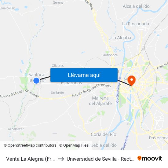 Venta La Alegria (Frente) to Universidad de Sevilla - Rectorado map