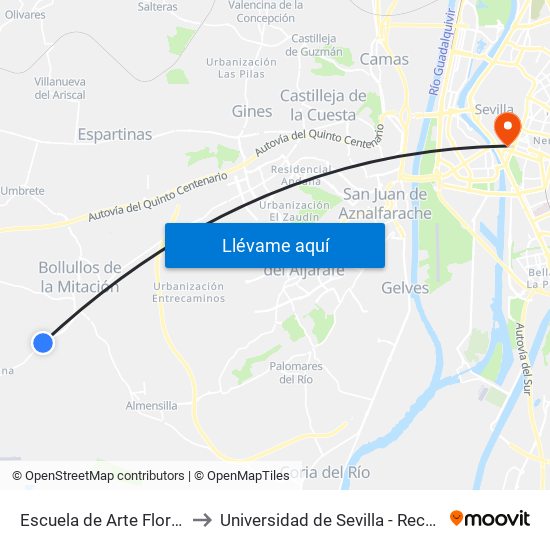 Escuela de Arte Floral (V) to Universidad de Sevilla - Rectorado map