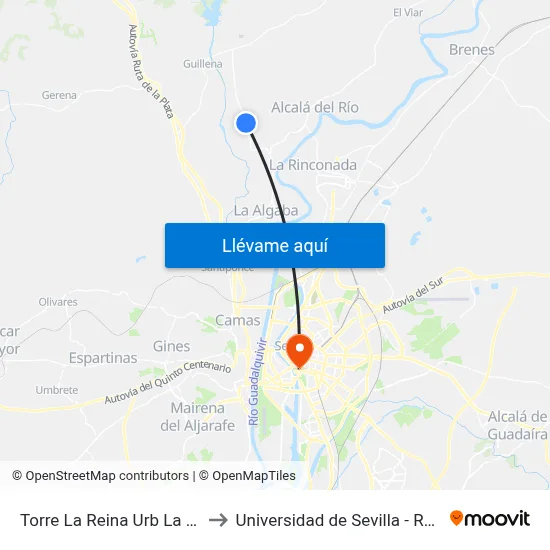 Torre La Reina Urb La Reina V to Universidad de Sevilla - Rectorado map