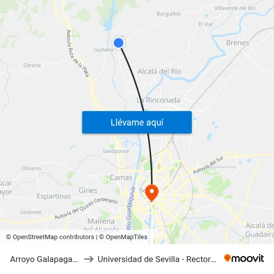 Arroyo Galapagar V to Universidad de Sevilla - Rectorado map