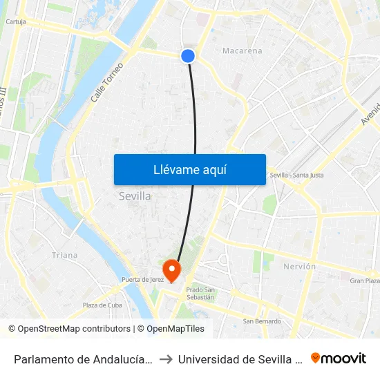 Parlamento de Andalucía (Macarena) to Universidad de Sevilla - Rectorado map