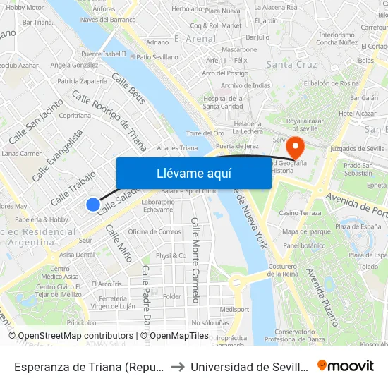 Esperanza de Triana (Republica Argentina) to Universidad de Sevilla - Rectorado map