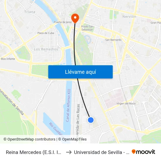 Reina Mercedes (E.S.I. Informática) to Universidad de Sevilla - Rectorado map