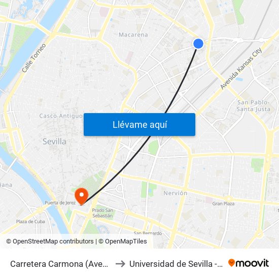 Carretera Carmona (Avenida Llanes) to Universidad de Sevilla - Rectorado map