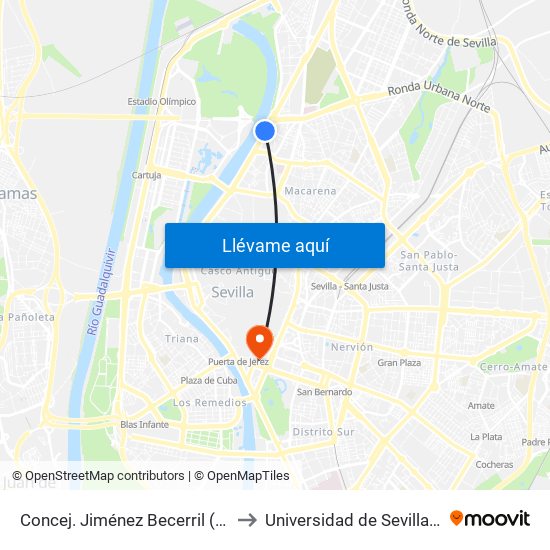 Concej. Jiménez Becerril (Gta. Olimpica) to Universidad de Sevilla - Rectorado map