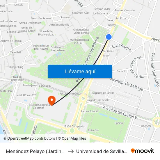 Menéndez Pelayo (Jardines de Murillo) to Universidad de Sevilla - Rectorado map