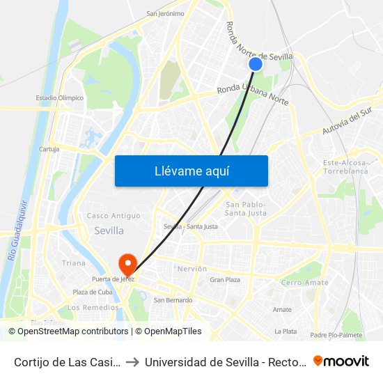 Cortijo de Las Casillas to Universidad de Sevilla - Rectorado map