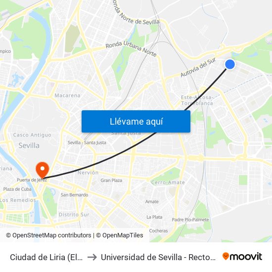 Ciudad de Liria (Elda) to Universidad de Sevilla - Rectorado map