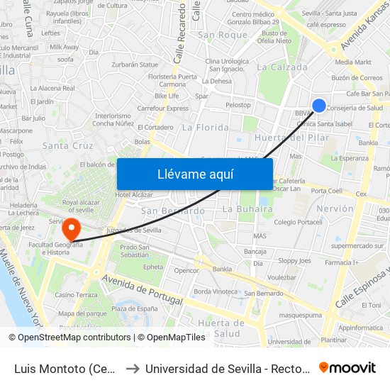 Luis Montoto (Cefiro) to Universidad de Sevilla - Rectorado map