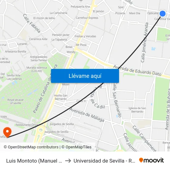 Luis Montoto (Manuel Halcon) to Universidad de Sevilla - Rectorado map