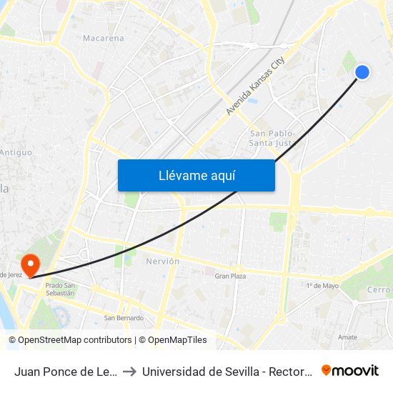 Juan Ponce de León to Universidad de Sevilla - Rectorado map