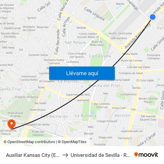 Auxiliar Kansas City (El Greco) to Universidad de Sevilla - Rectorado map