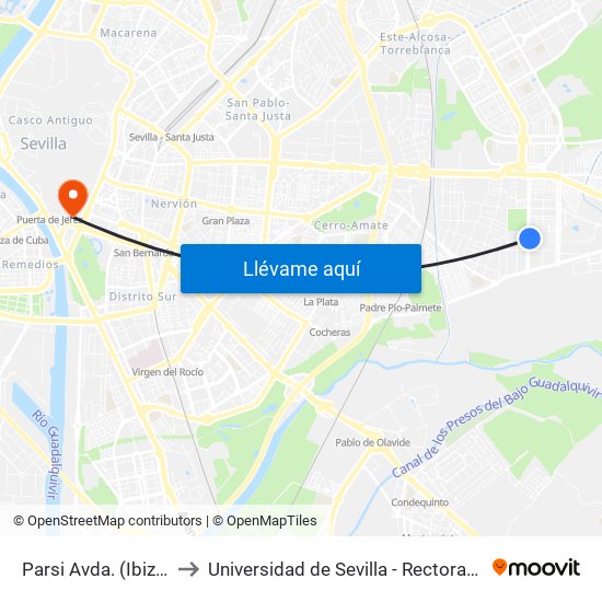 Parsi  Avda. (Ibiza) to Universidad de Sevilla - Rectorado map