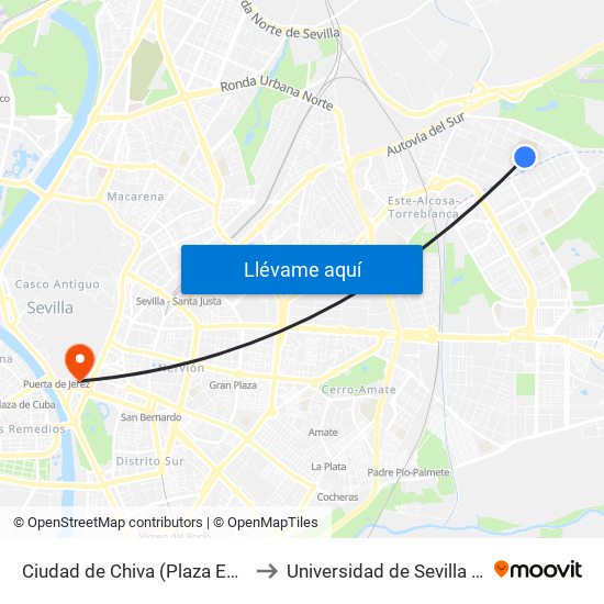Ciudad de Chiva (Plaza Encina Del Rey) to Universidad de Sevilla - Rectorado map