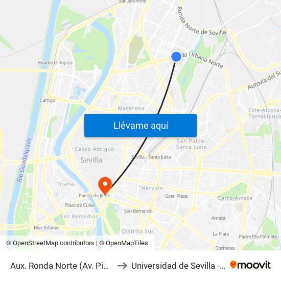 Aux. Ronda Norte (Av. Pino Montano) to Universidad de Sevilla - Rectorado map