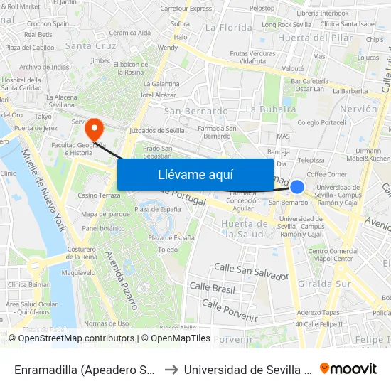 Enramadilla (Apeadero San Bernardo) to Universidad de Sevilla - Rectorado map