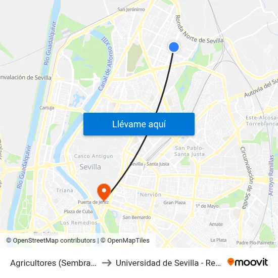Agricultores (Sembradores) to Universidad de Sevilla - Rectorado map