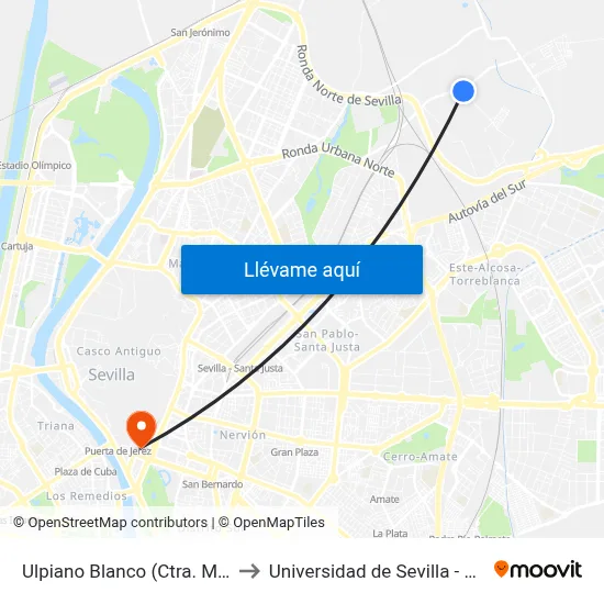 Ulpiano Blanco (Ctra. Miraflores) to Universidad de Sevilla - Rectorado map