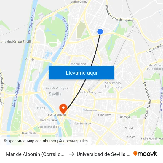 Mar de Alborán (Corral de Los Olmos) to Universidad de Sevilla - Rectorado map