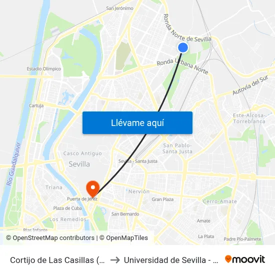 Cortijo de Las Casillas (Alfareros) to Universidad de Sevilla - Rectorado map