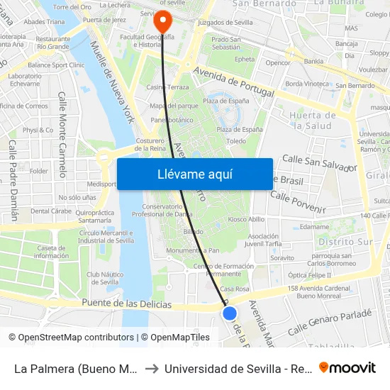 La Palmera (Bueno Monreal) to Universidad de Sevilla - Rectorado map