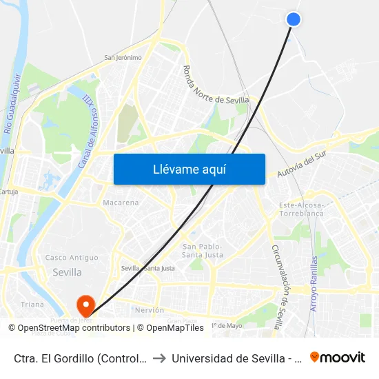 Ctra. El Gordillo (Control de Vuelo) to Universidad de Sevilla - Rectorado map