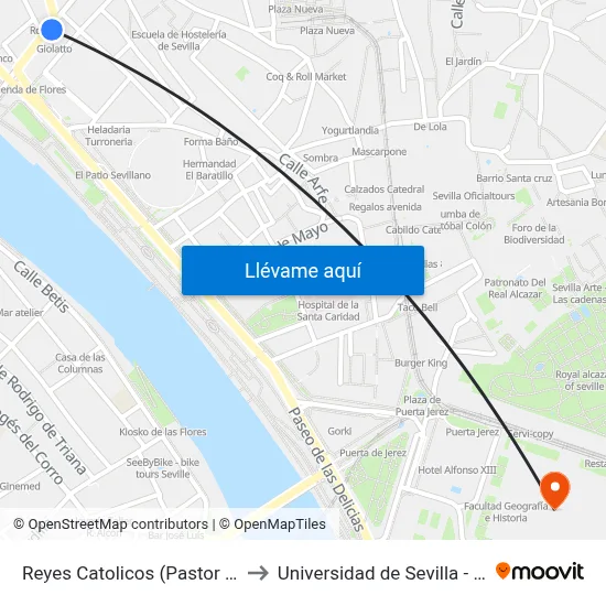 Reyes Catolicos (Pastor y Landero) to Universidad de Sevilla - Rectorado map