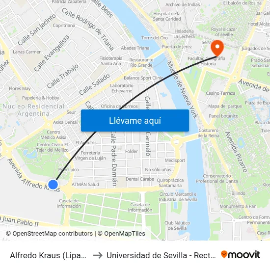 Alfredo Kraus (Lipasam) to Universidad de Sevilla - Rectorado map