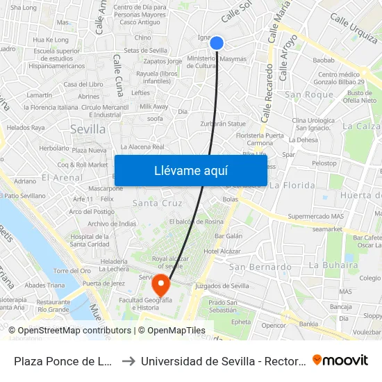 Plaza Ponce de León to Universidad de Sevilla - Rectorado map