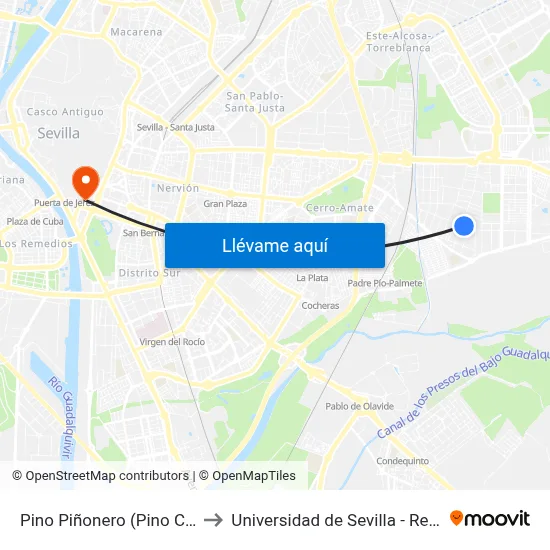 Pino Piñonero (Pino Central) to Universidad de Sevilla - Rectorado map