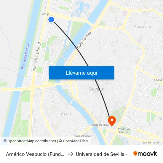 Américo Vespucio (Fundacion Once) to Universidad de Sevilla - Rectorado map