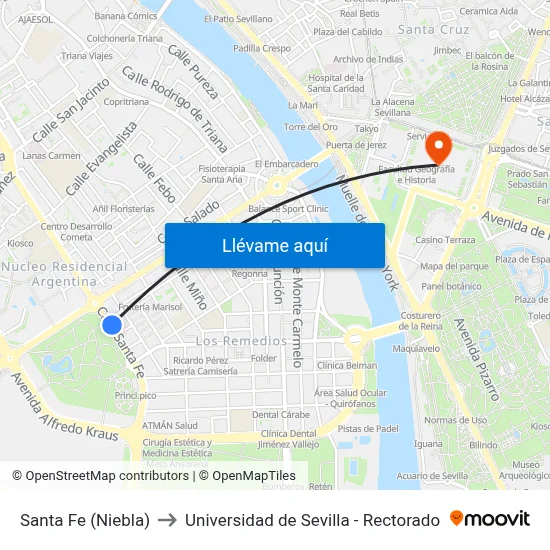 Santa Fe (Niebla) to Universidad de Sevilla - Rectorado map