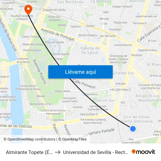 Almirante Topete (Écija) to Universidad de Sevilla - Rectorado map