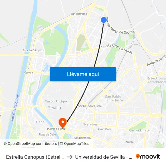 Estrella Canopus (Estrella Albireo) to Universidad de Sevilla - Rectorado map