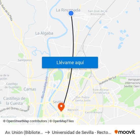 Av. Unión (Biblioteca) to Universidad de Sevilla - Rectorado map