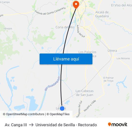 Av. Canga III to Universidad de Sevilla - Rectorado map