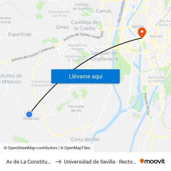 Av de La Constitucion to Universidad de Sevilla - Rectorado map