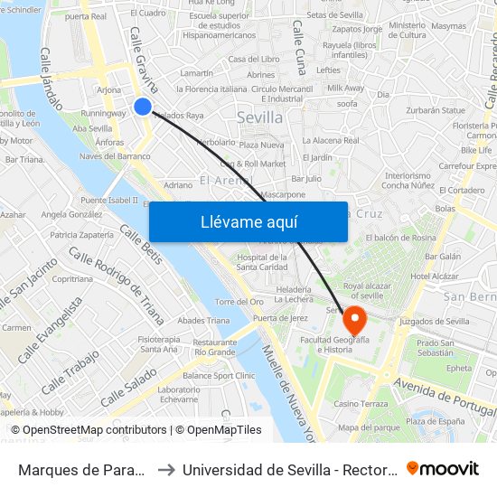 Marques de Paradas to Universidad de Sevilla - Rectorado map