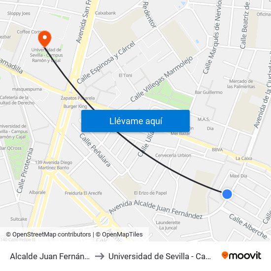Alcalde Juan Fernández (El Juncal) to Universidad de Sevilla - Campus Ramón y Cajal map