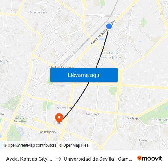 Avda. Kansas City (Tesalónica) to Universidad de Sevilla - Campus Ramón y Cajal map