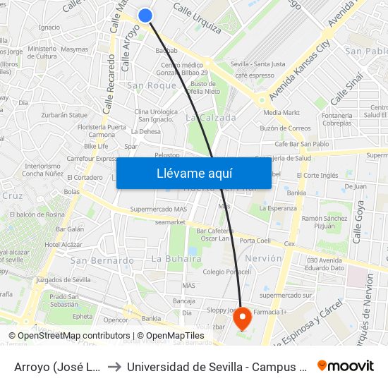 Arroyo (José Laguillo) to Universidad de Sevilla - Campus Ramón y Cajal map