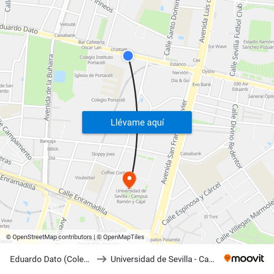 Eduardo Dato (Colegio Porta Coeli) to Universidad de Sevilla - Campus Ramón y Cajal map