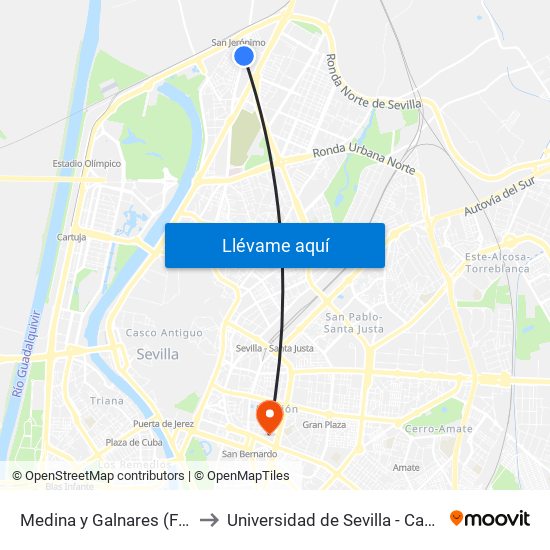 Medina y Galnares (Frt. Centro Salud) to Universidad de Sevilla - Campus Ramón y Cajal map