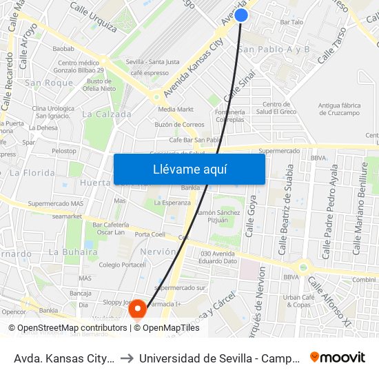 Avda. Kansas City (El Greco) to Universidad de Sevilla - Campus Ramón y Cajal map