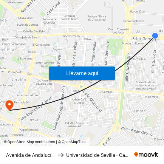 Avenida de Andalucía (Los Pájaros) to Universidad de Sevilla - Campus Ramón y Cajal map