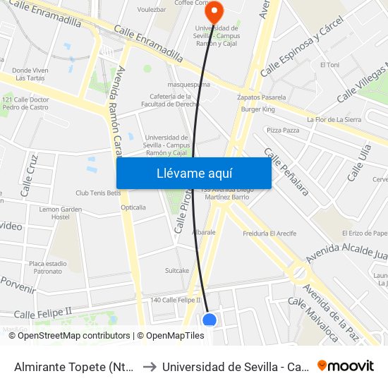 Almirante Topete (Ntra.Sra.Mercedes) to Universidad de Sevilla - Campus Ramón y Cajal map