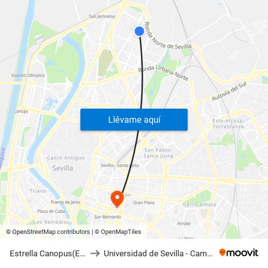 Estrella Canopus(Estrella Haris) to Universidad de Sevilla - Campus Ramón y Cajal map