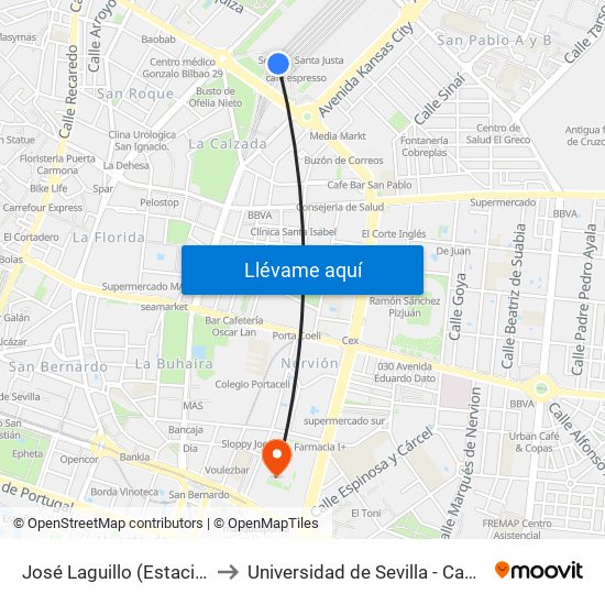 José Laguillo (Estación Santa.Justa) to Universidad de Sevilla - Campus Ramón y Cajal map